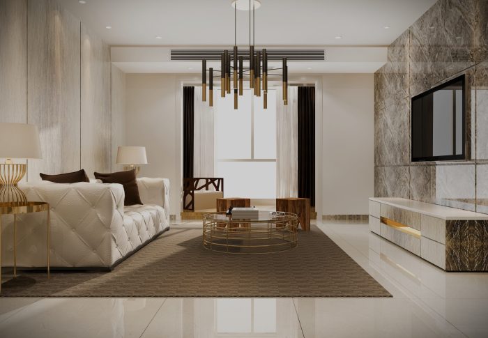 3d rendering luxury and modern living room with leather sofa and lamp
